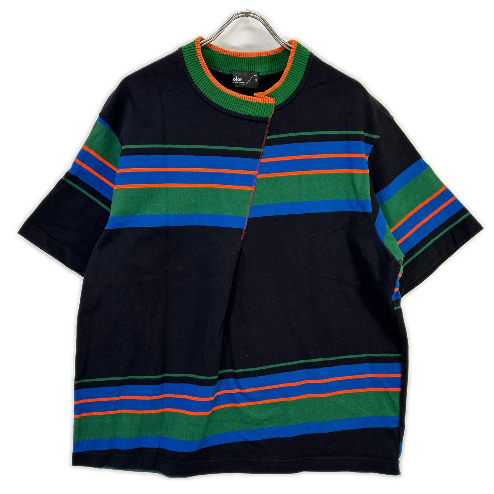 カラー 23SCM-T04203 ブラック×マルチカラー コットン ラウンドネック ボーダー T-SHIRT 1