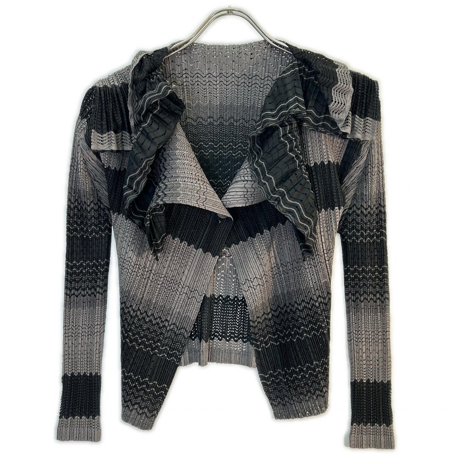 プリーツプリーズ PP73-J0504 グレー プリーツ ビッグカラー 1B ボーダーカーディガン 3