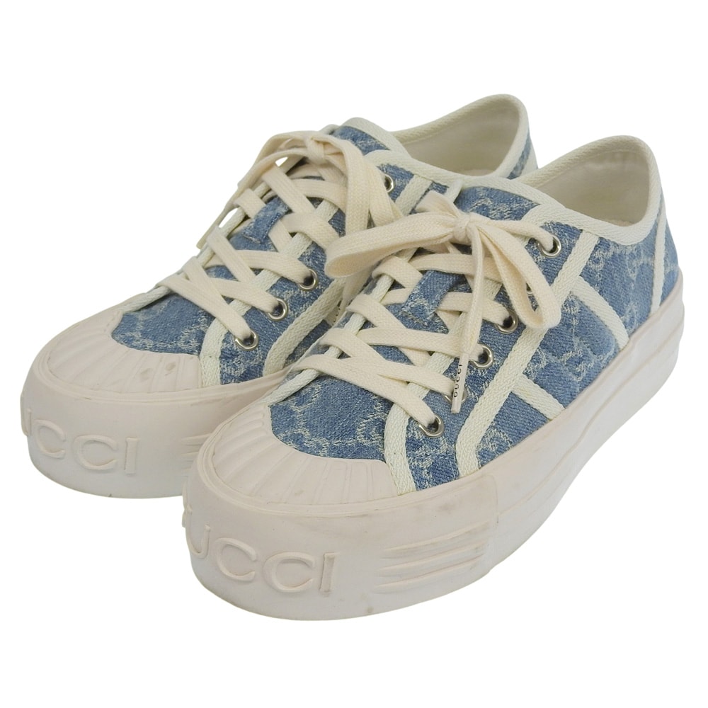 グッチ デニム ライト チャンキースニーカー シューズ レディース ブルー オフホワイト 36 1/2 831825 36.5