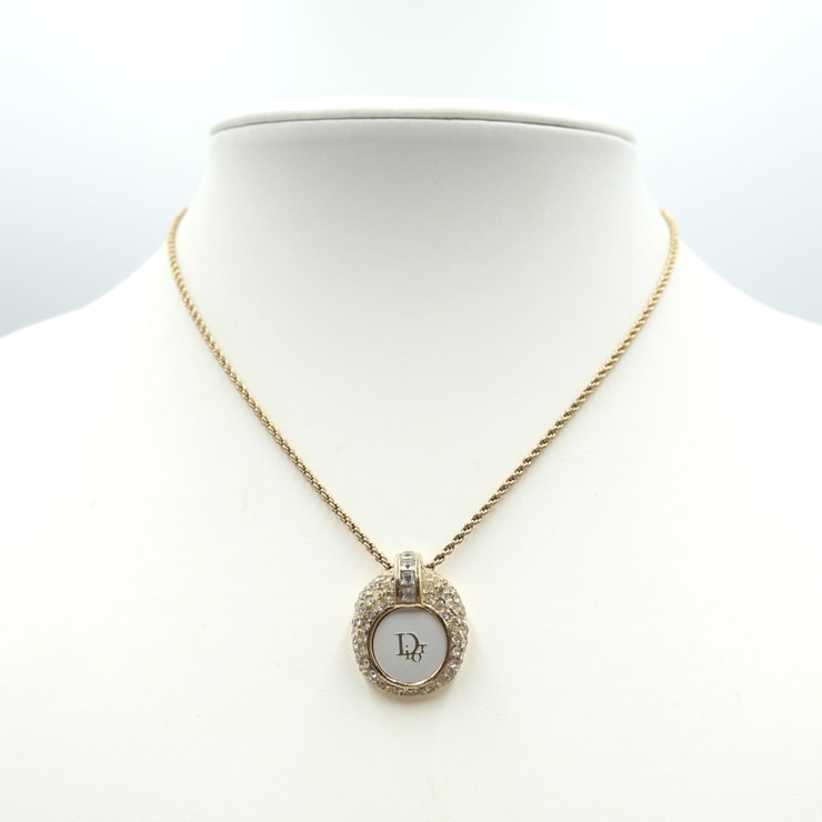 Christian Dior(クリスチャン ディオール) ロゴ ラインストーン ネックレス ゴールドカラー ロゴプレート ドイツ製 レディース 【中古】