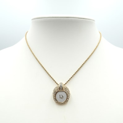 Christian Dior(クリスチャン ディオール) ロゴ ラインストーン ネックレス ゴールドカラー ロゴプレート ドイツ製 レディース 【中古】