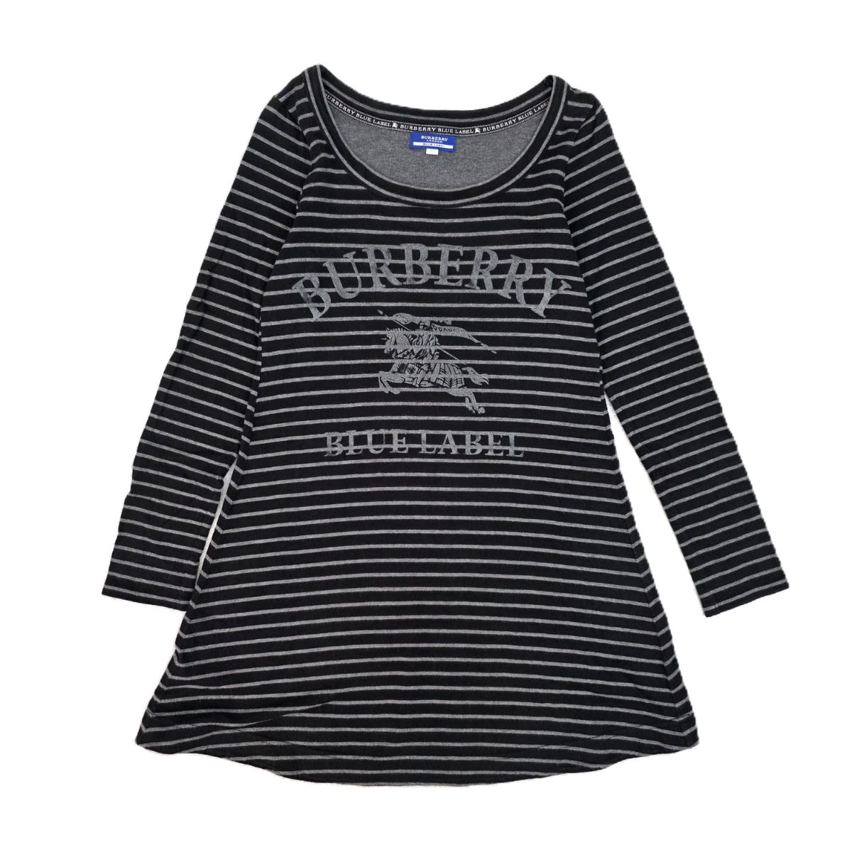 BURBERRY BLACK LABEL バーバリーブラックレーベル ボーダー ロゴプリント チュニック Y2K ワンピース 38 コットン ブラック グレー  レディース【中古】