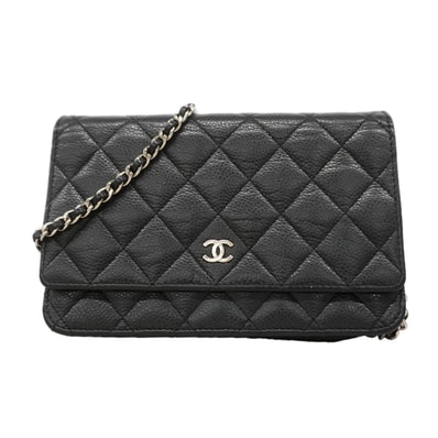 【6ic3289】シャネル ショルダーウォレット マトラッセ キャビアスキン ブラック シルバー金具【中古】レディース