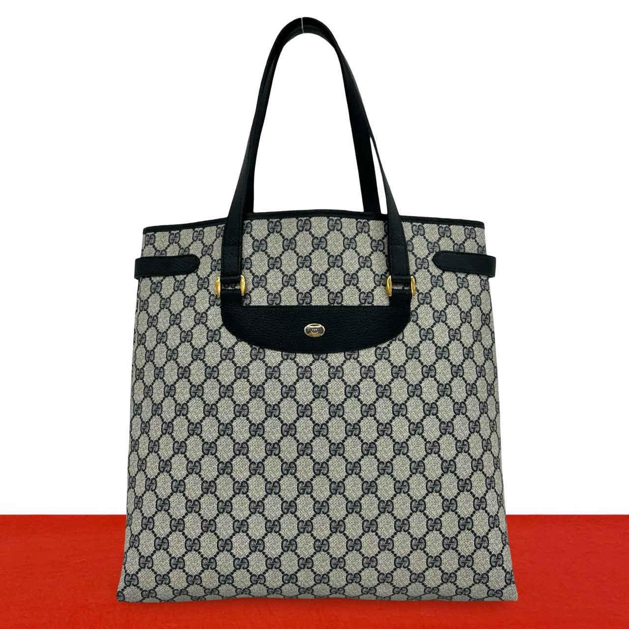 GUCCI グッチ GG ロゴ 柄 金具 レザー PVC トートバッグ ネイビー
 14345