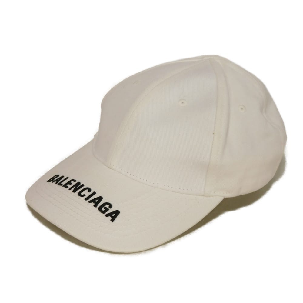 BALENCIAGA バレンシアガ ロゴ バイザー キャップ L 59cm ブラック ベースボール ベルクロ コットン ホワイト 帽子 531588 410B2 9060