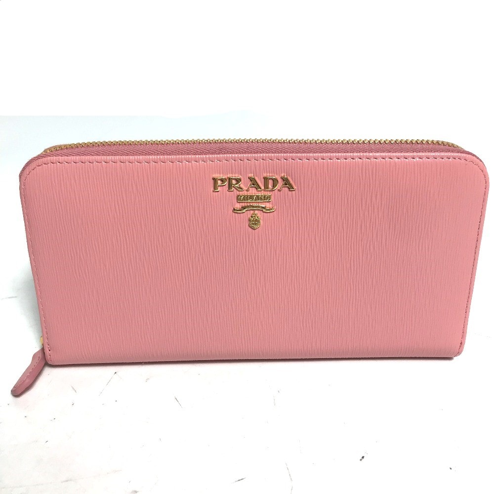 プラダ PRADA ロングウォレット ロゴ ラウンドファスナー 長財布 レザー ピンク 美品