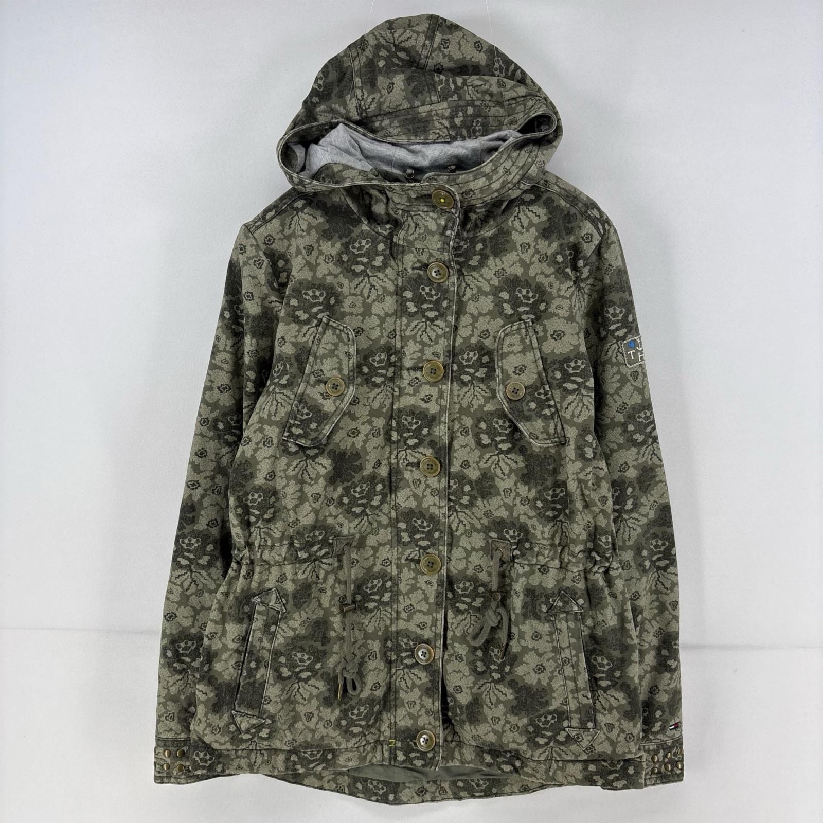 古着 トミーヒルフィガー TOMMY HILFIGER ジャケット パーカー モッズコート 花柄 XS  グリーン カモフラージュ(迷彩) レディース