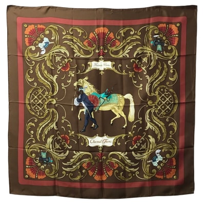 エルメス HERMES カレ90 カレ 90 Cheval Turcトルコの馬 スカーフ シルク ブラウン 新品同様