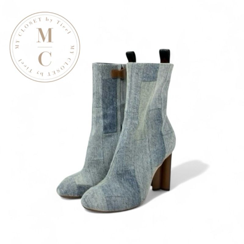 ルイヴィトン LOUIS VUITTON シルエットライン ブーツ ショートブーツ 靴 シューズ デニム ライトブルー ブラウン アンクルブーツ