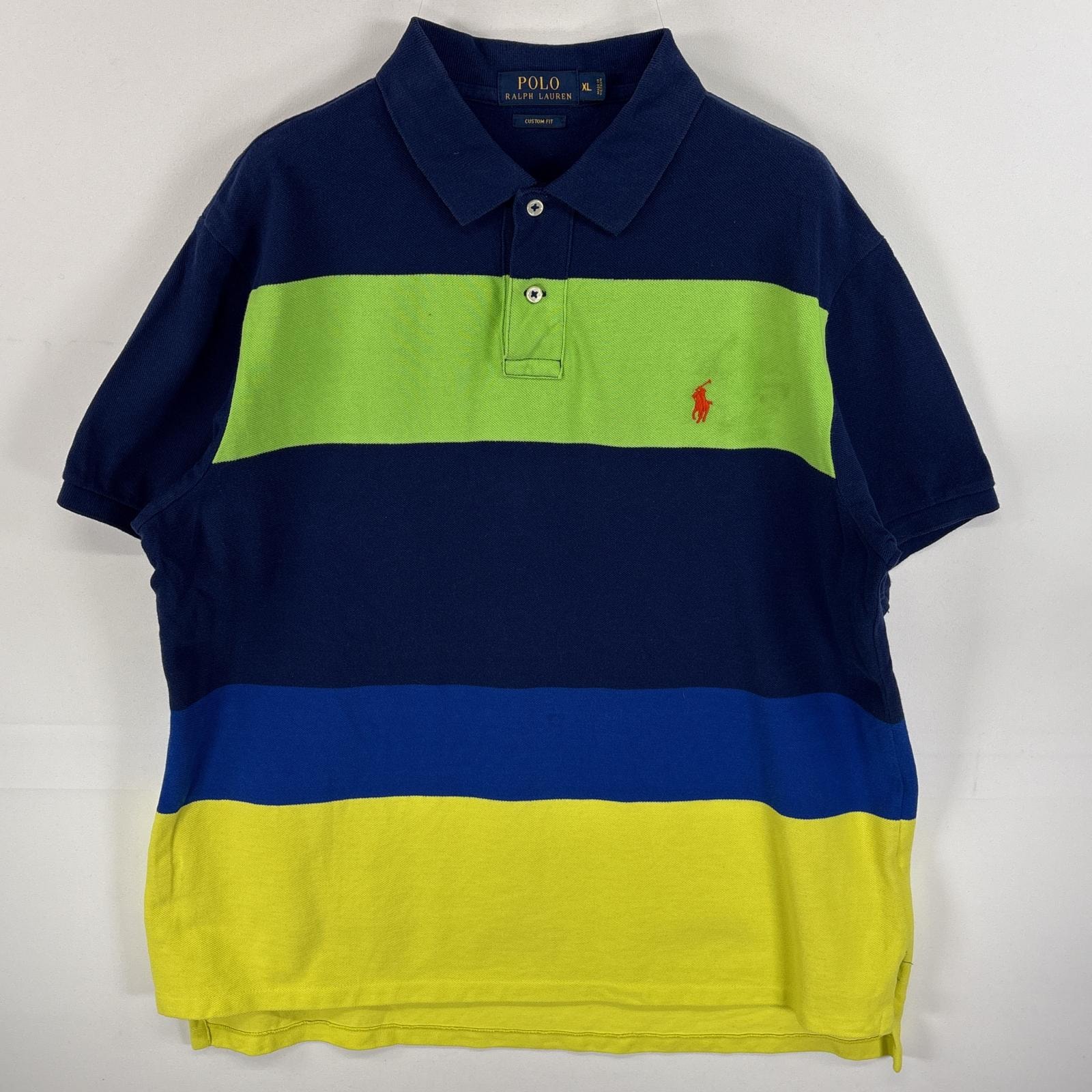 古着 ポロ・ラルフローレン POLO RALPH LAUREN 鹿の子 半袖 ポロシャツ ワンポイント ロゴ 刺繍 ボーダー CUSTOM  FIT XL  ブルー系 マルチカラー メンズ
