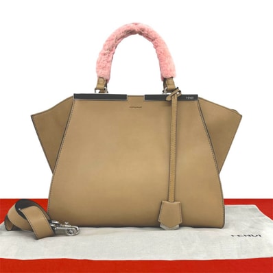 FENDI フェンディ トロワジュール レザー ボア ショルダーバッグ ベージュ
09383