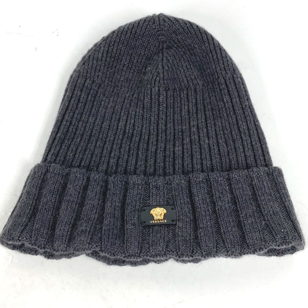 ヴェルサーチ VERSACE メデューサ ビーニー 帽子 ニット帽 ニットキャップ ニット帽 ウール グレー 美品