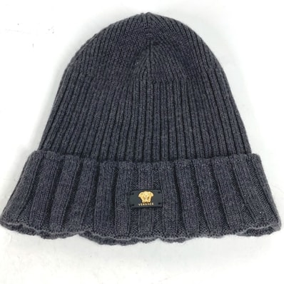 ヴェルサーチ VERSACE メデューサ ビーニー 帽子 ニット帽 ニットキャップ ニット帽 ウール グレー 美品