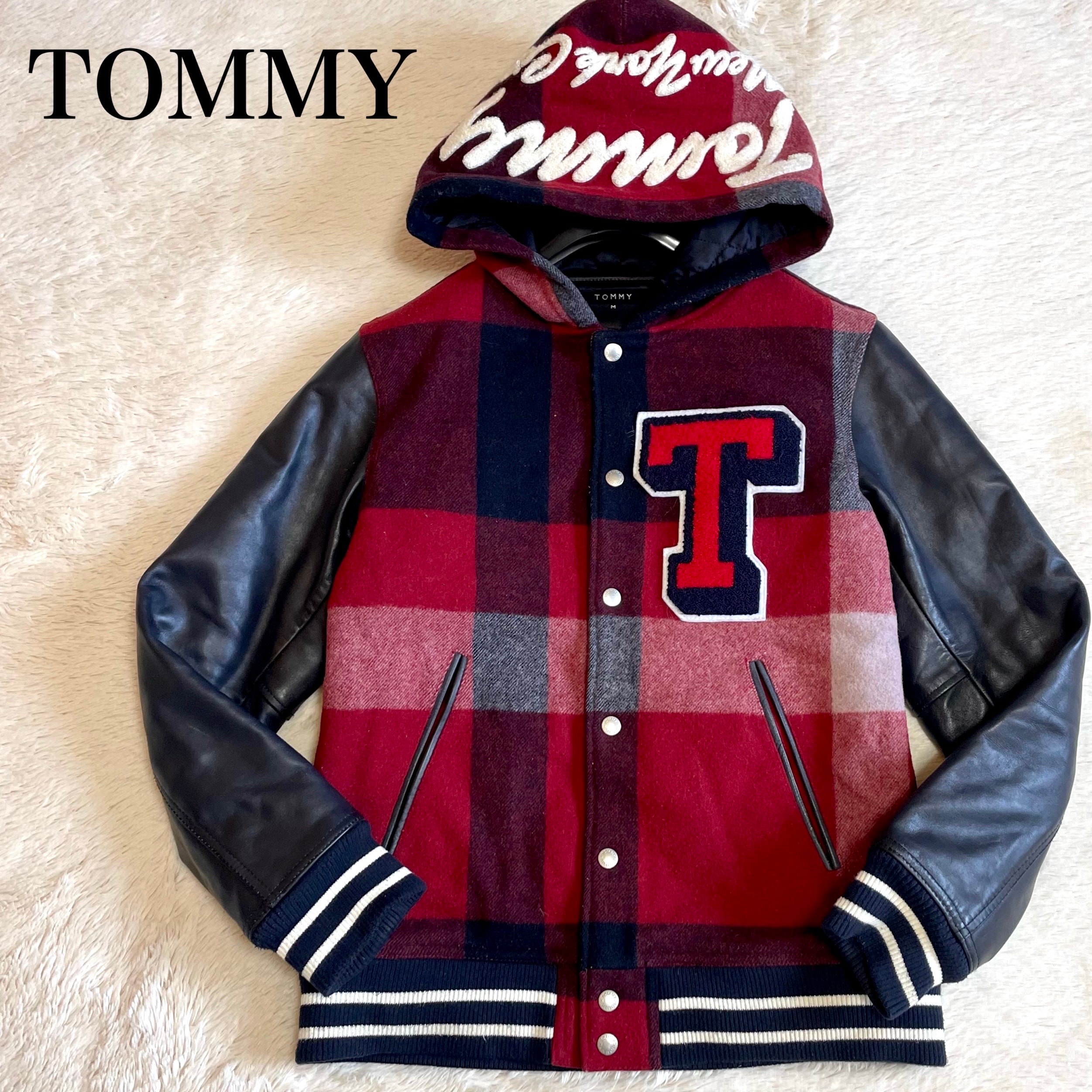 美品 TOMMY トミーヒルフィガー チェック 本革 ワッペン スタジャン