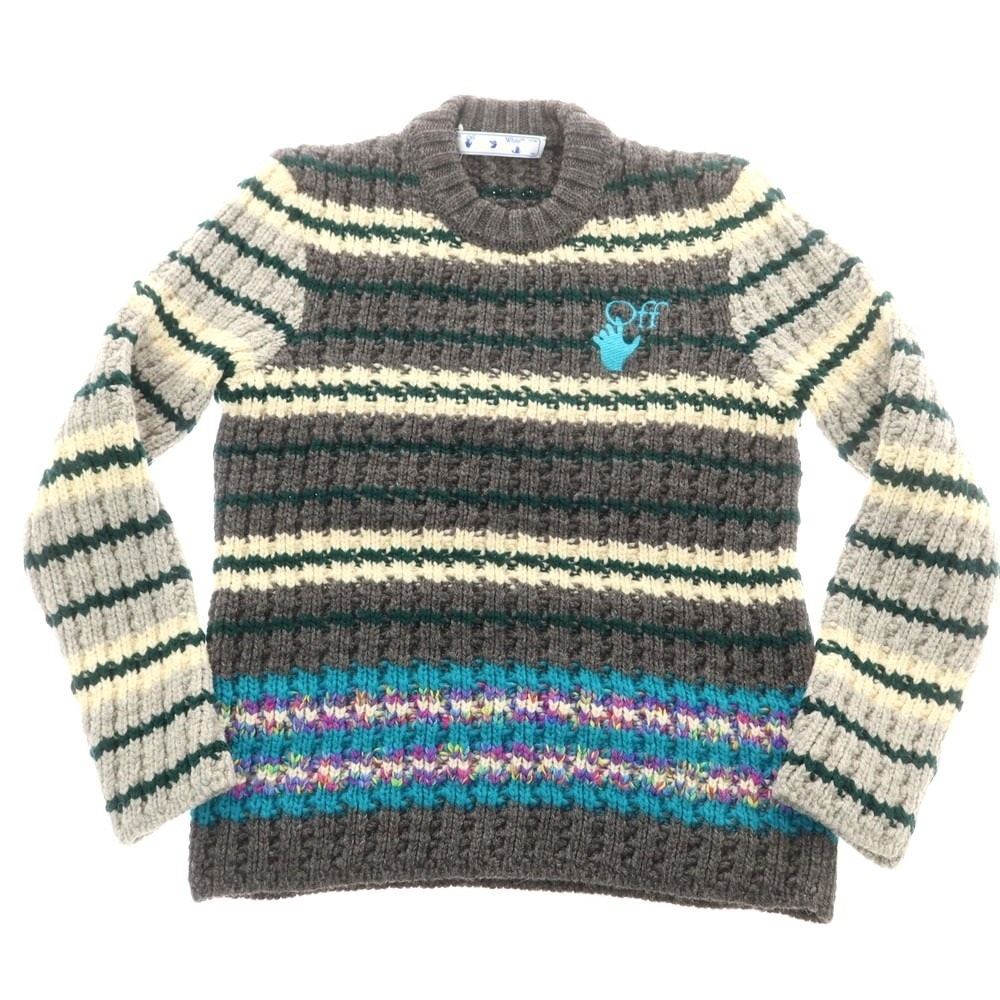 【中古】オフホワイト OFF-WHITE ローゲージ ウールナイロン クルーネック プルオーバーニット グレーxグリーン【サイズM】【メンズ】