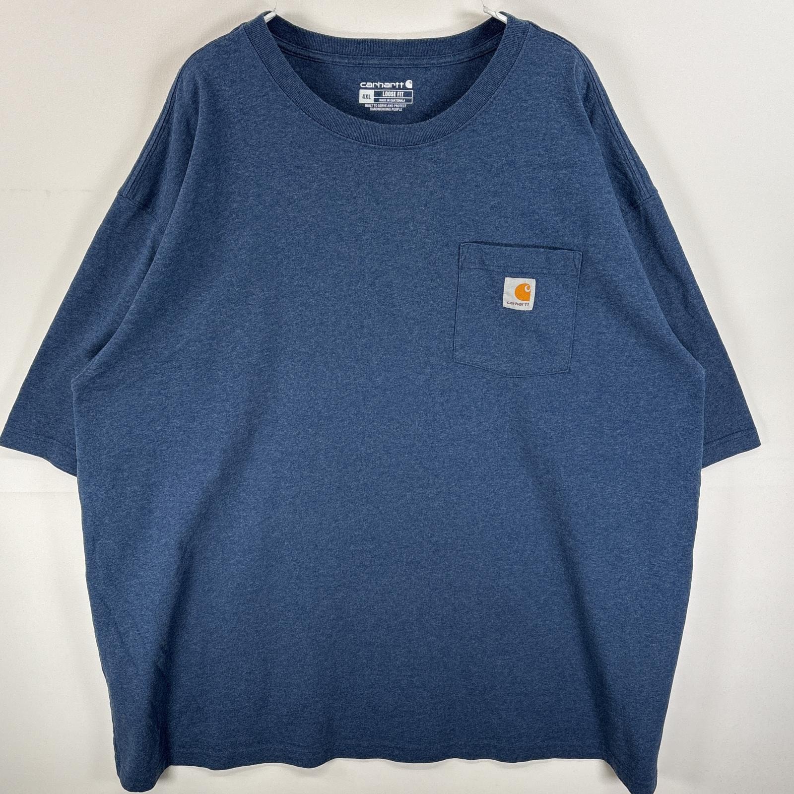 古着 カーハート Carhartt 半袖Tシャツ 胸ポケ ワンポイント ロゴ 大きいサイズ 4XL  ブルー系 無地 メンズ