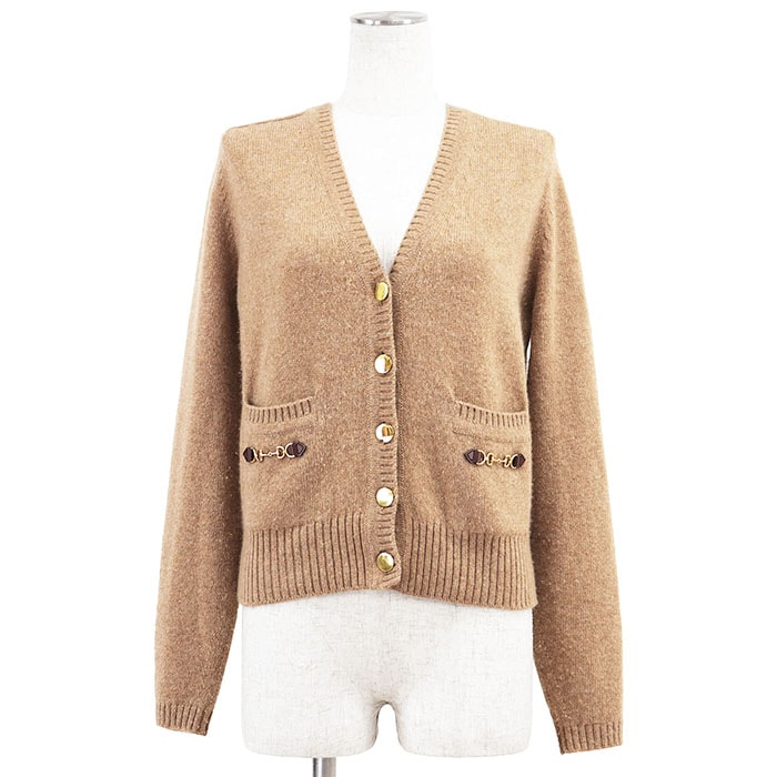 GUCCI グッチ カーディガン ホースビット ニット カシミヤ100% ロゴ 金ボタン ミドルゲージ レザー トップス レディース サイズ XS キャメル イタリア製 628412