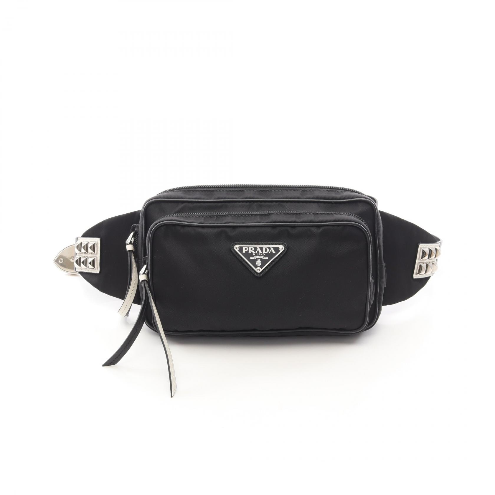 プラダ PRADA トライアングルロゴ スタッズ ウエストバッグ ボディバッグ バッグ ナイロン レザー レディース ブラック系 / ホワイト系 【中古】