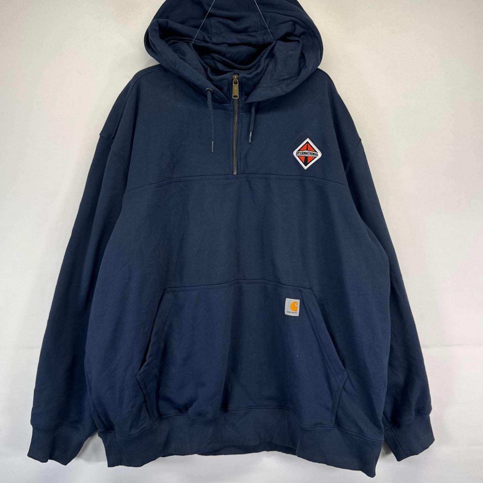古着 カーハート Carhartt パーカー 企業ワッペン ハーフジップ スウェット トレーナー レインディアフェンダー 3XL  ネイビー系 メンズ