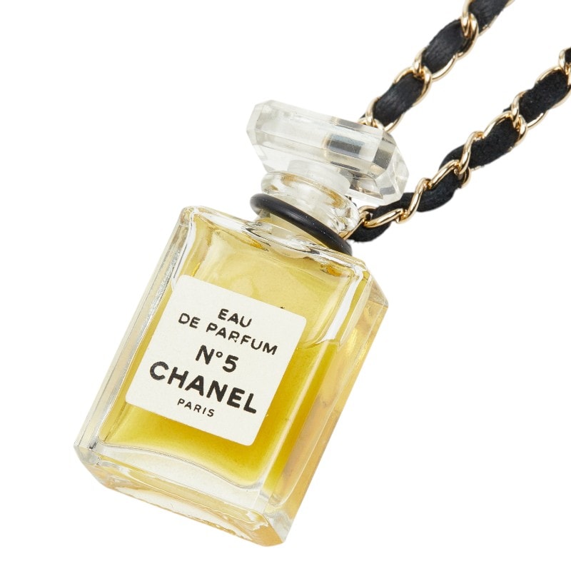 シャネル No.5 パフュームボトル チェーン ネックレス ゴールド ブラック メッキ レザー レディース CHANEL 【中古】