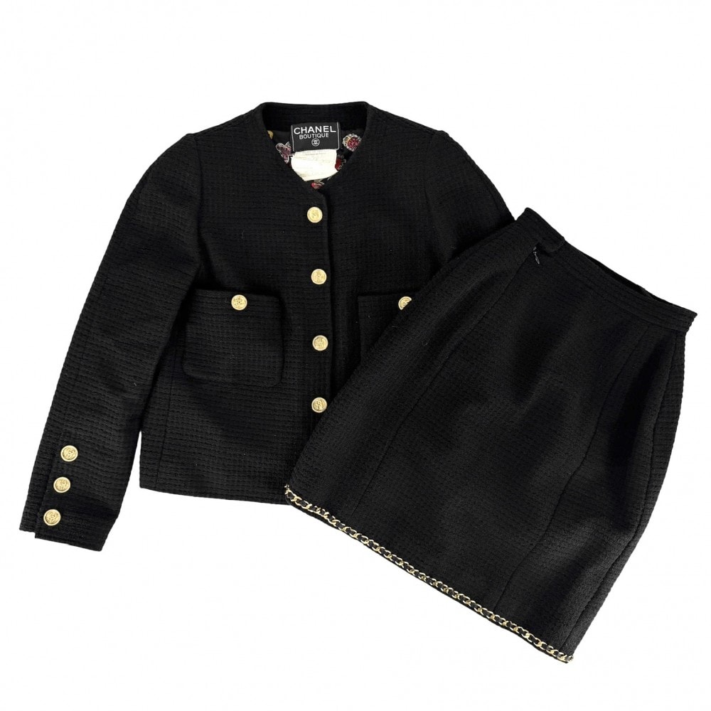 CHANEL シャネル セットアップ ココマーク チェーン ノーカラージャケット スカート ヴィンテージ アパレル 服 38 ブラック 黒 ゴールド金具 ウール レディース 秋 冬【中古品】