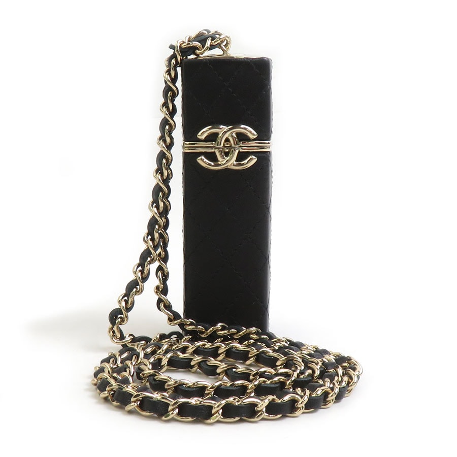シャネル CHANEL  チェーン リップスティックケース ココマーク レザー/メタル ブラック/ゴールド レディース【中古】 e61644a