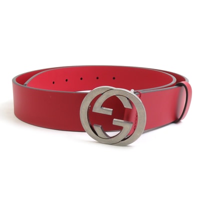 グッチ GUCCI ベルト インターロッキングG レザー/メタル レッド/シルバー メンズ 546389【中古】 e62145k