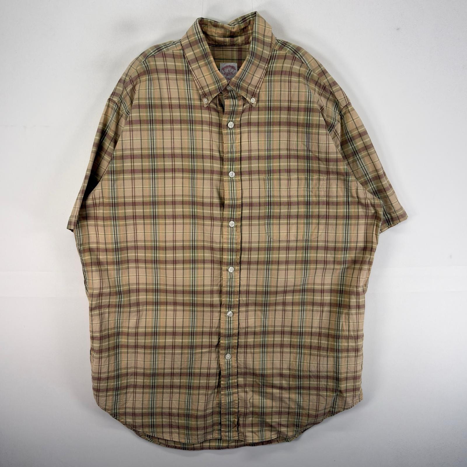 古着 ブルックスブラザーズ Brooks Brothers 半袖シャツ 胸ポケ L ベージュ系 チェック メンズ