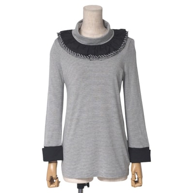 CHANEL シャネル カットソー サイズ36 P34 フリルネック レース ストライプ タートルネック 長袖 フランス製 ブランド古着【中古】20250423/RA4487