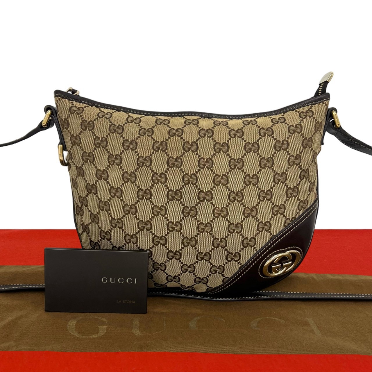 GUCCI グッチ GG ロゴ 金具 キャンバス レザー ショルダーバッグ ブラウン
 03-10