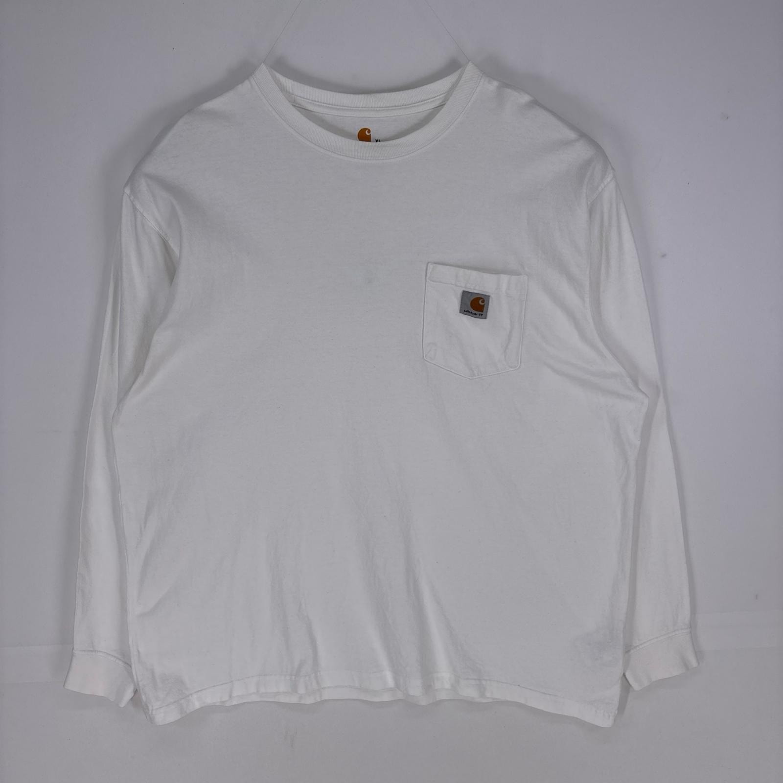 古着 カーハート Carhartt 長袖Tシャツ ワンポイントロゴ 胸ポケット ロンT ロングスリーブ XL ホワイト系 メンズ