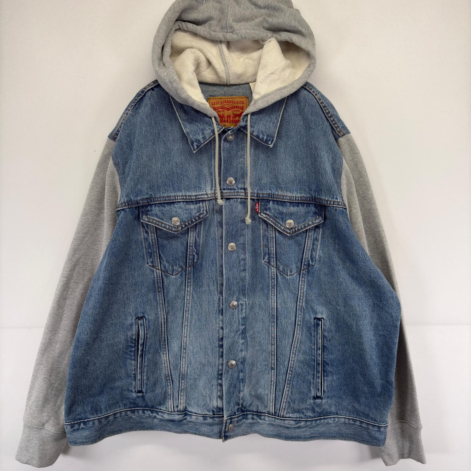 古着 リーバイス Levi's デニム ジャケット ハイブリッド フーディー トラッカー パーカー スウェット レイヤード 2XL  ブルー メンズ