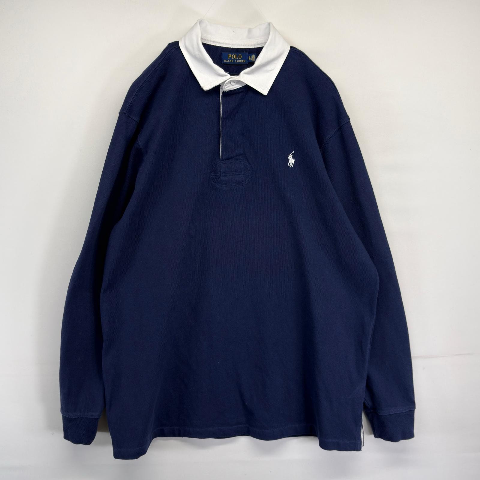古着 ポロ・ラルフローレン POLO RALPH LAUREN 長袖 ラガーシャツ ワンポイントロゴ刺繍 プルオーバー 大きいサイズ XL ネイビー メンズ