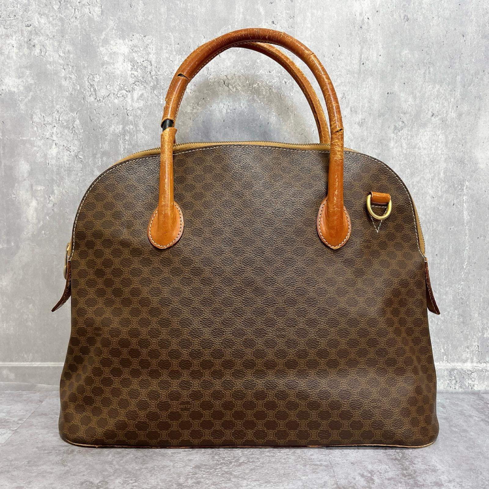 【CELINE】セリーヌ マカダム柄 ドーム型 ボストンバッグ ハンドバッグ PVC レザー ブラウン キャメル イタリア製 ヴィンテージ レディース