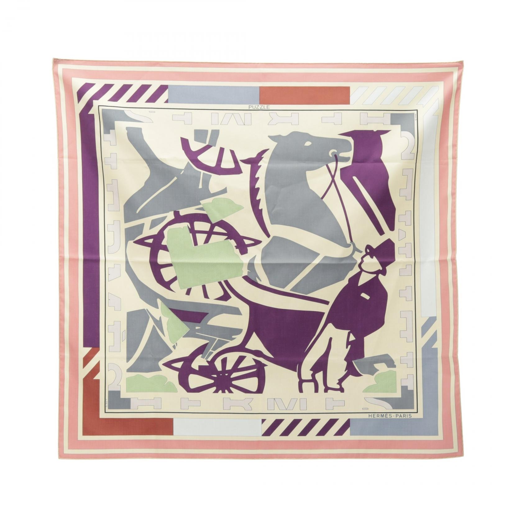 エルメス HERMES カレ70 PUZZLE スカーフ 衣料品 コットン レディース アイボリー系 / ブルー系 / マルチカラー 【中古】