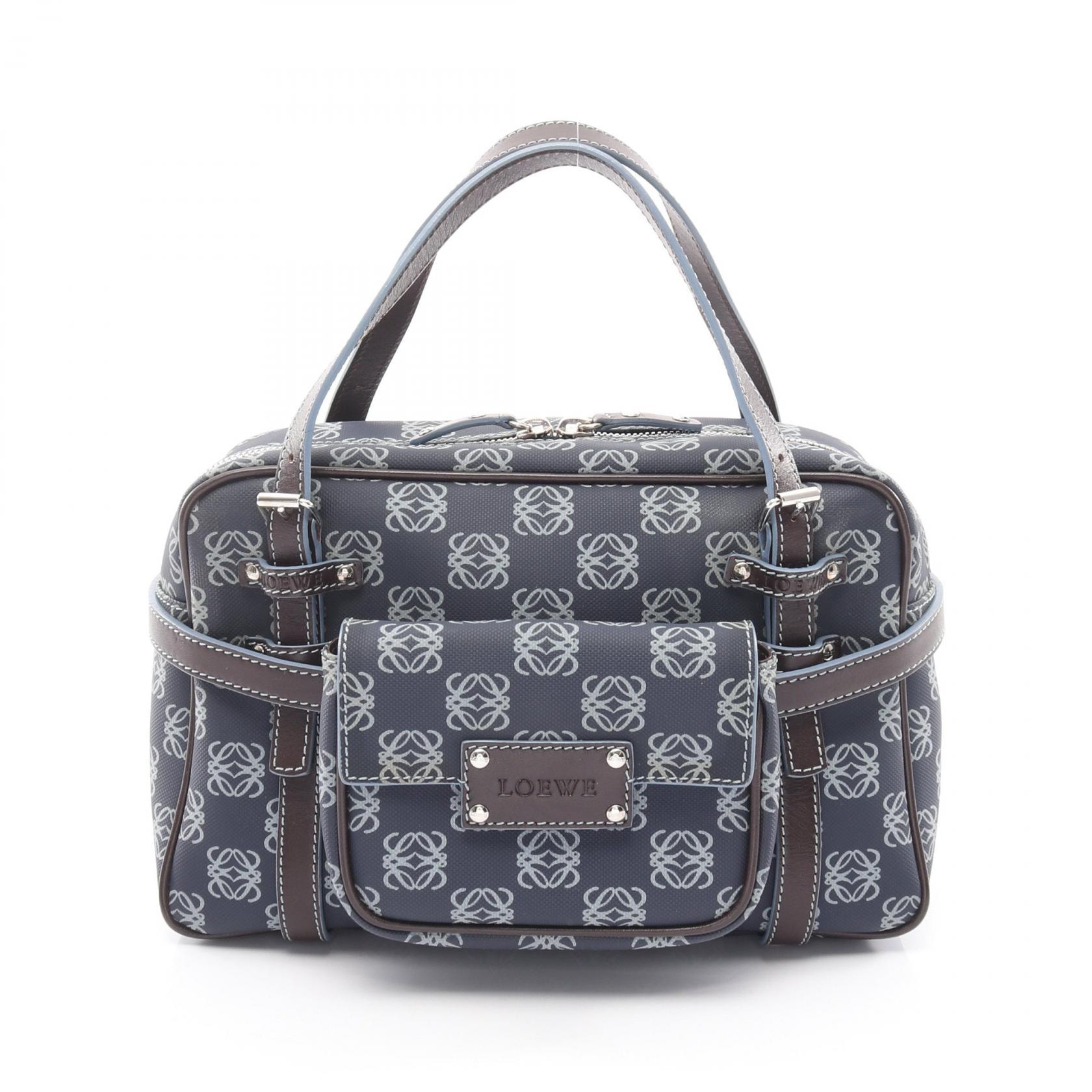 ロエベ LOEWE リピートアナグラム ハンドバッグ バッグ PVCコーティングキャンバス レザー レディース ネイビー系 【中古】