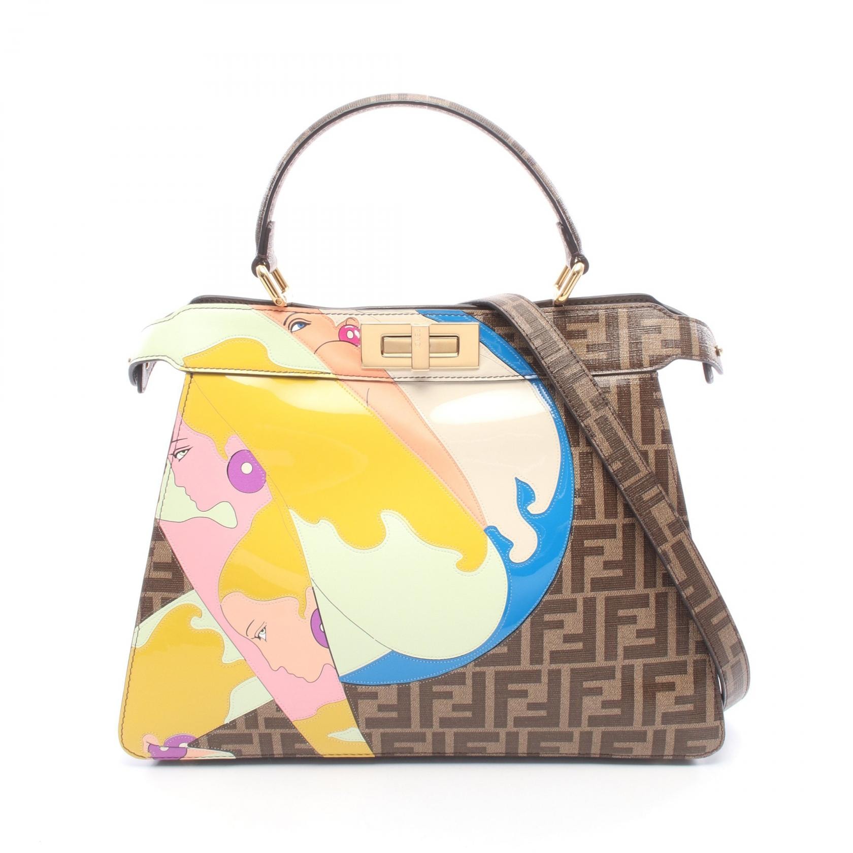フェンディ FENDI ピーカブー アイシーユー ミディアム 2WAY ハンドバッグ バッグ PVCコーティングキャンバス パテントレザー レザー レディース ブラウン系 / イエロー系 / マルチカラー 8BN321 【中古】