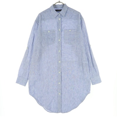 LAUREN RALPH LAUREN ローレンラルフローレン ストライプ柄 ボーダー柄 長袖 リネンシャツ XS ブルー