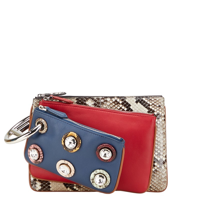 フェンディ トリプレット ポーチ 8BS001 レッド ブルー マルチカラー レザー パイソン レディース FENDI 【中古】