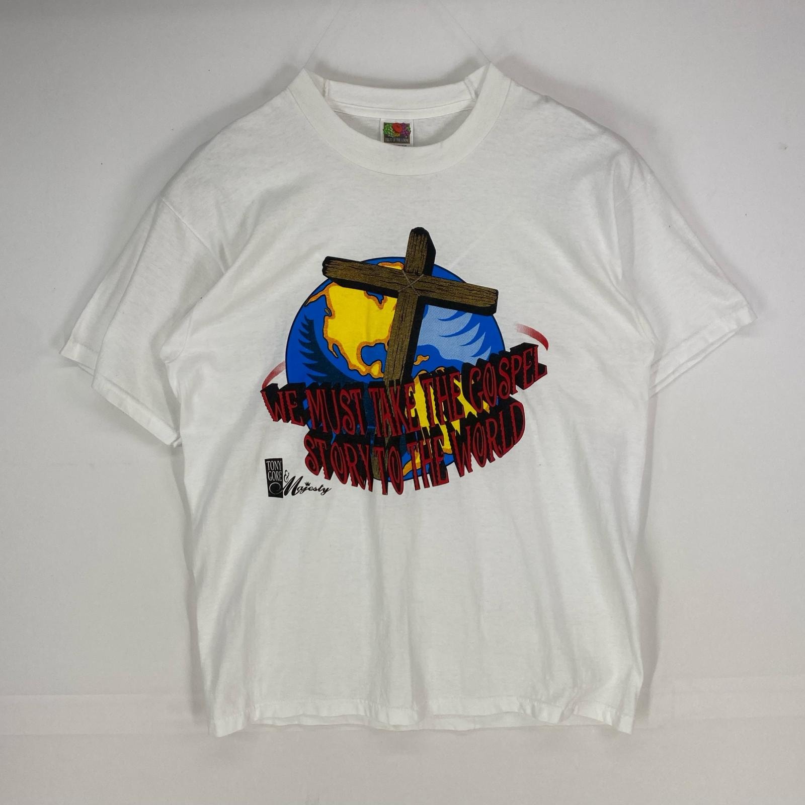 古着 フルーツオブザルーム FRUIT OF THE LOOM USA製 半袖Tシャツ クルーネック トニー&マジェスティ L ホワイト系 プリント メンズ