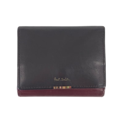 Paul Smith ポール スミス マルチストライプタブ ブラウン ボルドー ゴールド金具 レザー 折財布 コンパクトウォレット 600548 【中古】