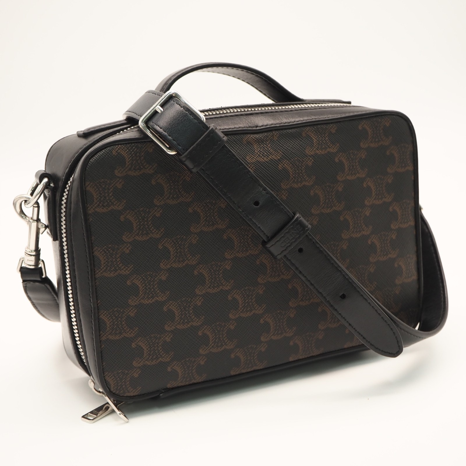 美品 CELINE セリーヌ トリオンフ キャンバス メッセンジャーボックス 113872EVJ 2wayショルダーバッグ ブラウン ブラック コーティングキャンバス レザー メンズ