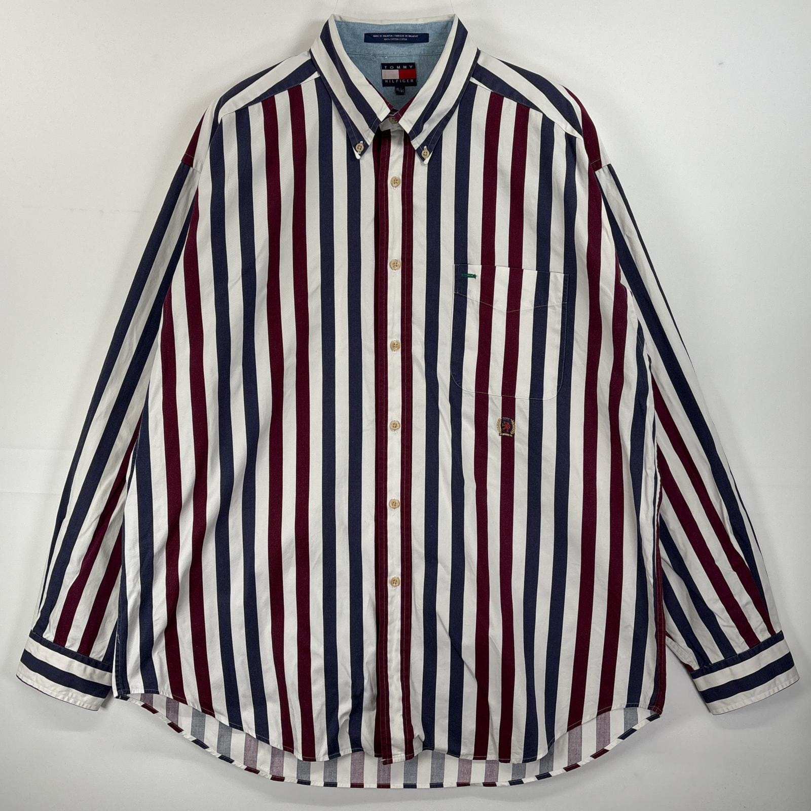 古着 90's/90年代 トミーヒルフィガー TOMMY HILFIGER 長袖シャツ ボタンダウンシャツ ワンポイント ロゴ 刺繍 ストライプ XL  ホワイト系 マルチカラー メンズ