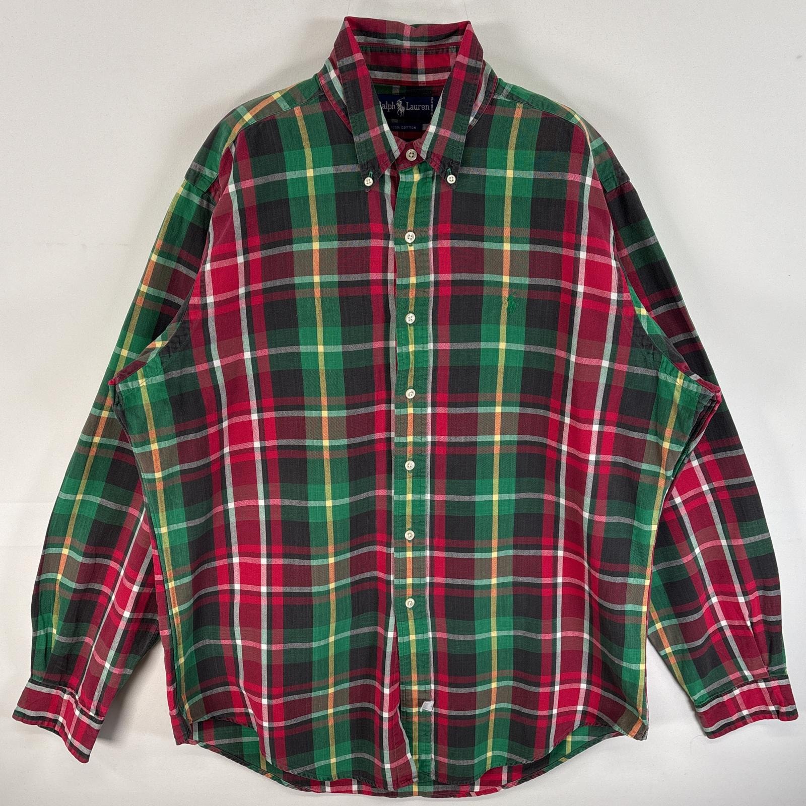 古着 90's/90年代 ラルフローレン RALPH LAUREN 長袖シャツ ワンポイント ロゴ 刺繍 ボタンダウンシャツ L  グリーン系 マルチカラー メンズ