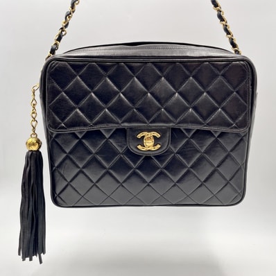 CHANEL(シャネル)マトラッセ ヴィンテージ フリンジ チェーンショルダーバッグ ラムスキン ブラック ゴールド金具 レディース【中古】