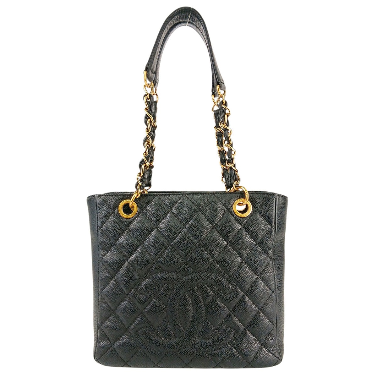 CHANEL シャネル プチ ショッピングトート PST チェーン ショルダーバッグ ココマーク マトラッセ トートバッグ A20994 キャビアスキン レザー ブラック ゴールド  レディース【中古】