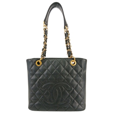 CHANEL シャネル プチ ショッピングトート PST チェーン ショルダーバッグ ココマーク マトラッセ トートバッグ A20994 キャビアスキン レザー ブラック ゴールド レディース【中古】