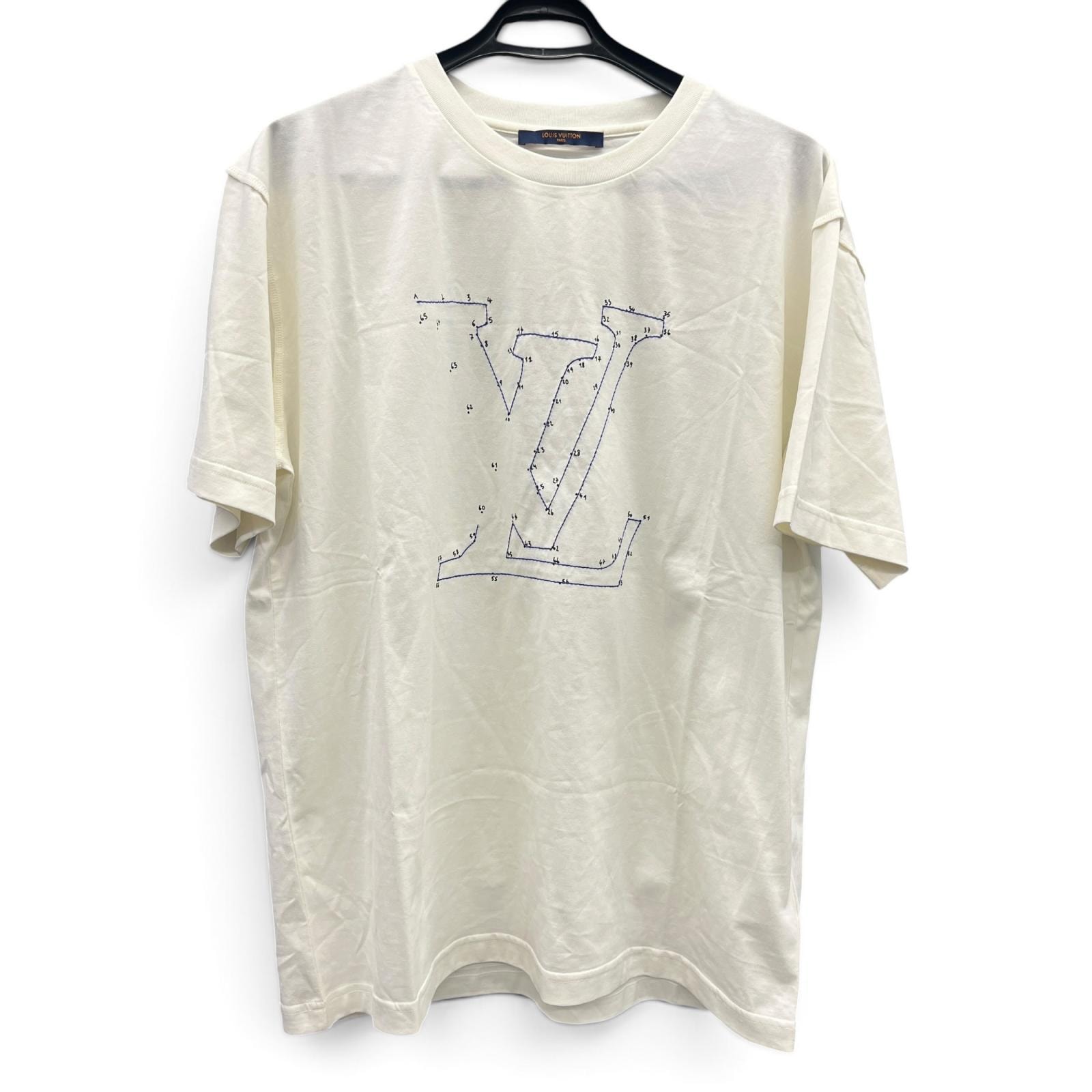 LOUIS VUITTON 極美品 ルイヴィトン LVステッチプリントアンドエンブロイダリー Tシャツ RM212Q NPG HLY42W コットン ホワイト 生成り ブルー #L カットソー トップス LV ロゴ Aランク 中古 鑑定済 ヴィトンTシャツ