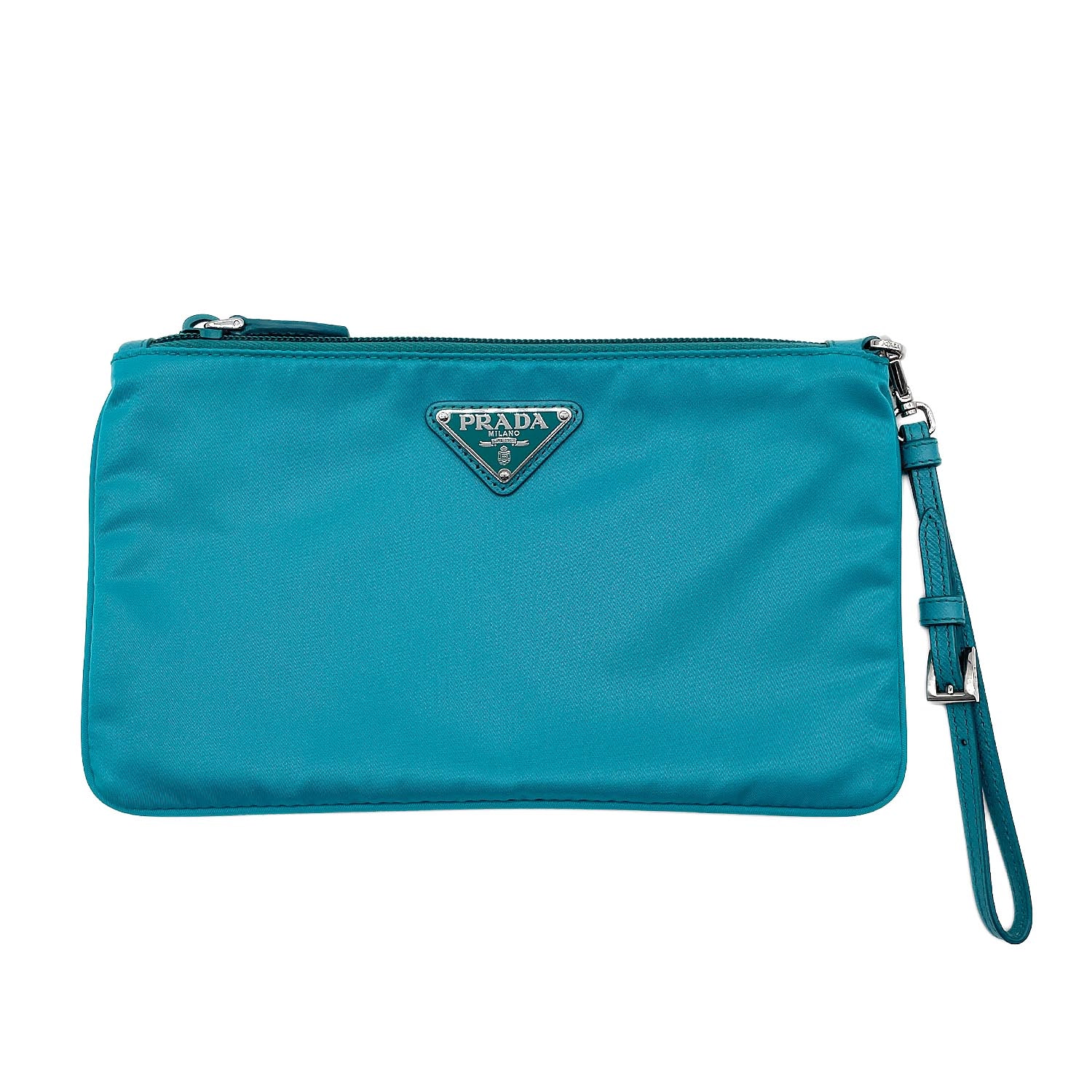 PRADA プラダ トライアングルロゴ ポーチ ストラップ付 三角プレート 1NH545 ナイロン レザー ブルー レディース 【中古】