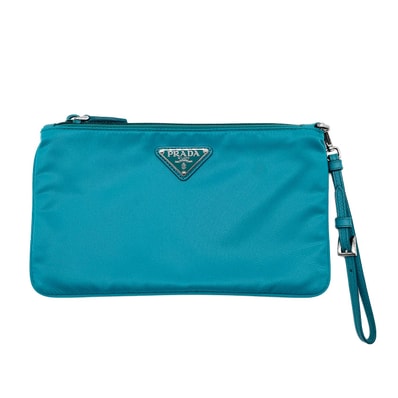 PRADA プラダ トライアングルロゴ ポーチ ストラップ付 三角プレート 1NH545 ナイロン レザー ブルー レディース 【中古】
